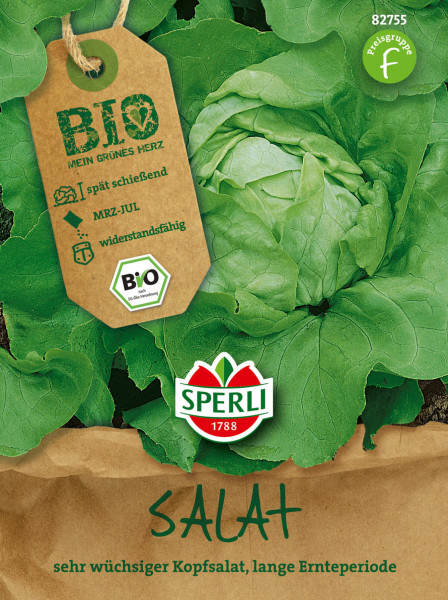 Produktbild von Sperli BIO Kopfsalat Verpackung mit Bildern von Salatblaettern und Hinweisen wie spaet schiessend, Maerz bis Juli Anbauzeitraum und widerstandsfaehig, sowie dem Sperli Markenlogo.