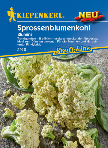 Produktbild von Kiepenkerl Sprossenblumenkohl Blumini F1 mit Angaben zu Geschmack und Anbauzeitraum auf der Verpackung sowie Abbildung des Blumenkohls auf Holzuntergrund.