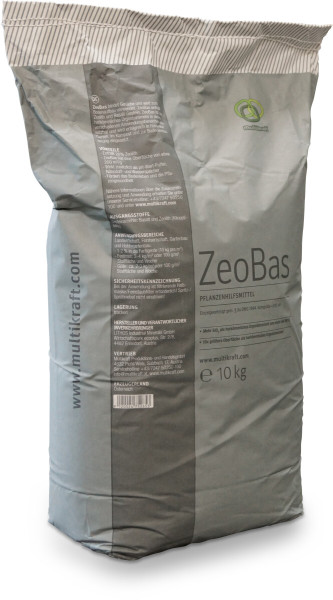Produktbild von Multikraft ZeoBas 10kg, einem grauen Sack mit detaillierten Produktinformationen und Herstellerangaben in deutscher Sprache.
