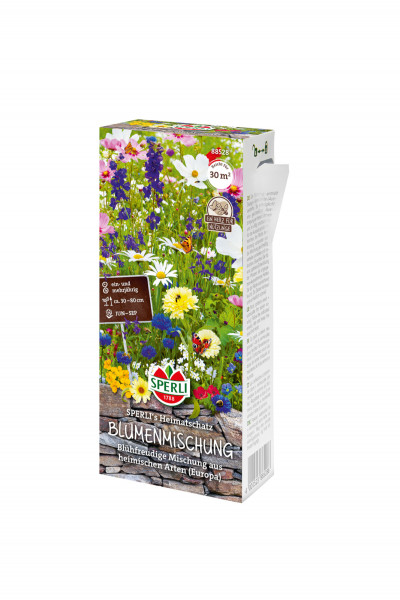 Produktbild von Sperli Blumenmischung SPERLIs Heimatschatz mit Abbildungen von verschiedenen Blumen und Informationen zu Pflanzzeiten sowie der Biodiversität fördernden Eigenschaften auf Deutsch.