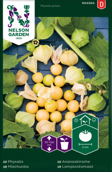 Produktbild von Nelson Garden Ananaskirsche Saatgut Verpackung mit Bildern von Fruechten und Blaettern sowie Anbauinformationen in deutscher Sprache.