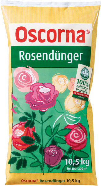 Produktbild von Oscorna-Rosendünger in einer 10, 5, kg Verpackung mit Darstellung verschiedener Rosen, Angabe der Naturproduktgarantie und Flächenangabe für die Anwendung.