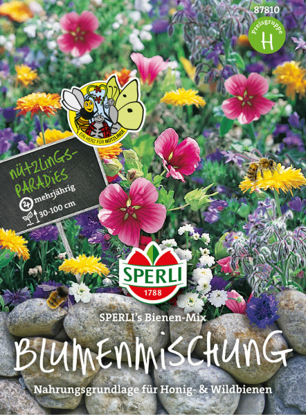 Produktbild von Sperli Blumenmischung SPERLIs Bienen-Mix mit einer Vielfalt bunter Blumen und Bienen darauf und Verpackungshinweisen zur Nahrungsgrundlage für Honig- und Wildbienen.