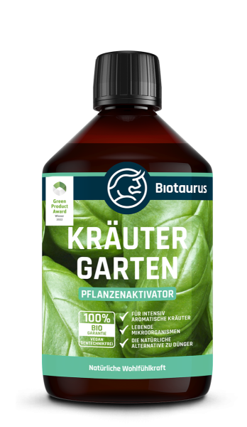 Produktbild von Biotaurus Kräutergarten 500ml Flasche Pflanzenaktivator mit Auszeichnung Green Product Award und Hinweisen zu 100 Prozent Bio Vegan und gentechnikfrei.