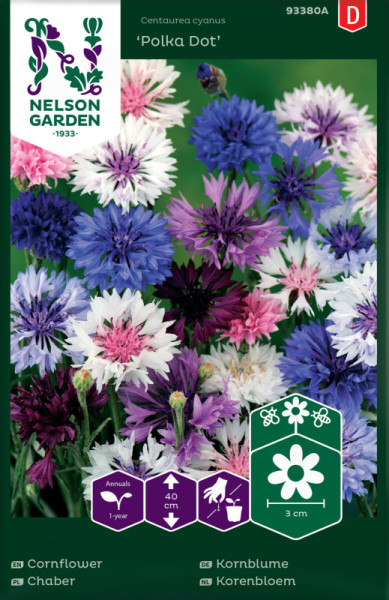 Produktbild von Nelson Garden Kornblume Polka Dot Saatgutverpackung mit bunten Blumen und Anweisungen zur Aussaat in deutscher Sprache.