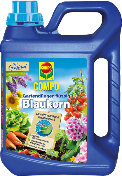 Produktbild eines blauen 2, 5, Liter Kanisters COMPO Blaukorn Nova Tec fluessig mit Abbildungen von blühenden Pflanzen und Gemüse sowie Produktvorteilen auf der Vorderseite