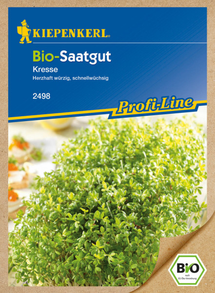 Produktbild von Kiepenkerl BIO Kresse Einfache mit dem Hinweis auf Bio-Saatgut herzhaft würzig schnellwüchsig mit grünen Kressepflanzen im Vordergrund.