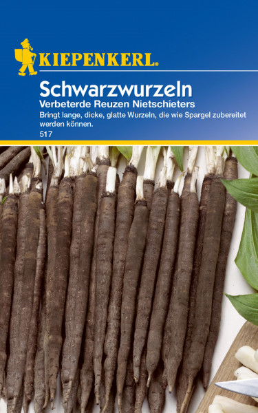Produktbild von Kiepenkerl Schwarzwurzel Verbeterde Reuzen Nietschieters mit Darstellung der Wurzeln und Verpackungsinformationen in deutscher Sprache.