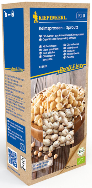 Produktbild der Kiepenkerl BIO Keimsprossen Kichererbsen Verpackung mit Informationen zu biologischen Samen zum Anbau von Keimsprossen und mehrsprachigen Produktangaben.