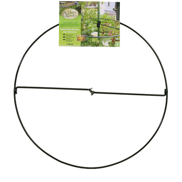 Produktbild von einem Videx Metall Pflanzenring zum Klemmen mit 40 cm Durchmesser mit Verpackung im Hintergrund