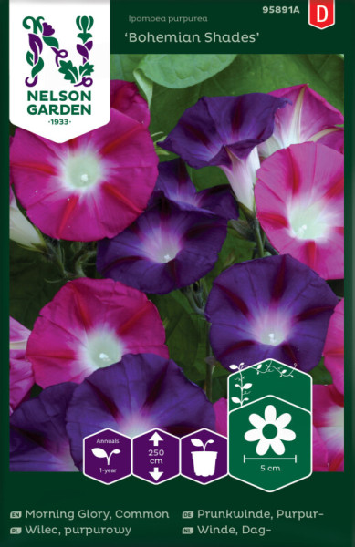 Produktbild von Nelson Garden Prunkwinde Bohemian Shades Saatgutverpackung mit bunten Blumen und Pflanzinformationen.