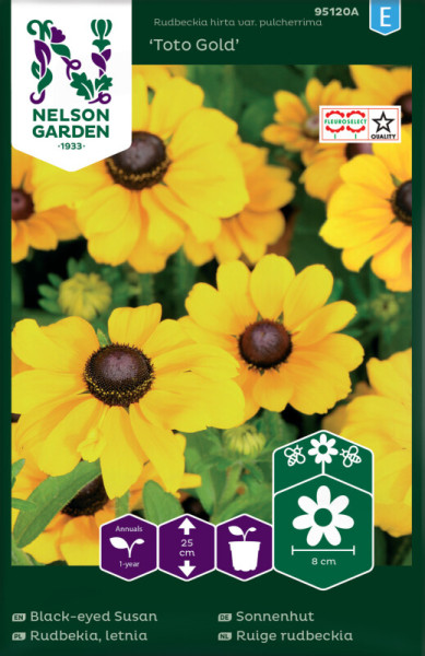 Produktbild von Nelson Garden Sonnenhut Toto Gold mit gelben Blumen, Anbauinformationen und Qualitätsiegel.