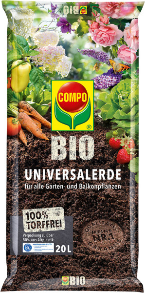 Produktbild von COMPO BIO Universal-Erde torffrei mit Darstellung verschiedener Pflanzen und Gemüsesorten sowie Informationen zu Inhaltsstoffen und Verpackung auf Deutsch.