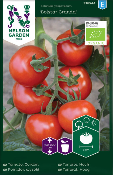 Produktbild von Nelson Garden BIO Tomate Bolstar Granda mit reifen Tomaten an einem Zweig und Verpackungsinformationen wie biologisches Siegel, Pflanzanweisungen und Markenlogo.