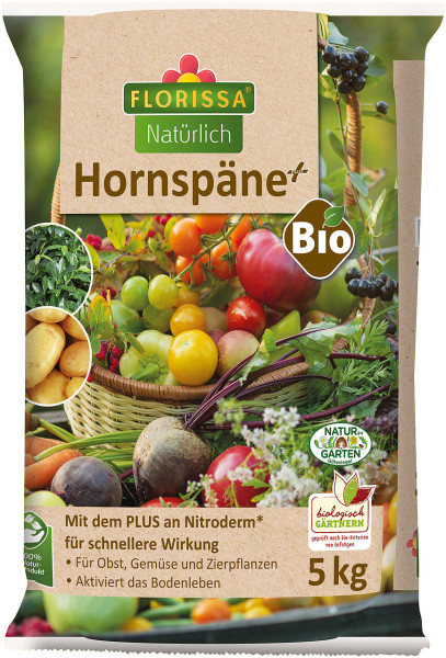 Produktbild von Florissa Hornspäne PLUS 5kg mit Angaben zur biologischen Düngung für Obst Gemüse und Zierpflanzen sowie Informationen zu schneller Wirkung und Aktivierung des Bodenlebens.