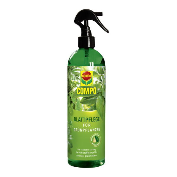Produktbild der COMPO Blattpflege für Grünpflanzen in einer 500ml Handsprühflasche mit Markenlogo und Produktinformationen in deutscher Sprache.