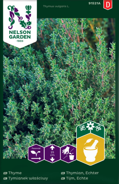Produktbild von Nelson Garden Echter Thymian mit Pflanzenabbildung und Symbolen für mehrjährige Pflanze Wuchshöhe und Verwendung in Küche auf der Verpackung