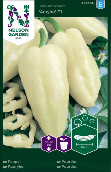 Produktbild von Nelson Garden Paprika Amyka F1 mit Darstellung der hellgelben Paprikaschoten und Informationen zur Pflanzengröße sowie Symbolen für Anbauhinweise.