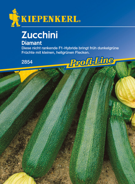 Produktbild von Kiepenkerl Zucchini Diamant F1 mit Abbildung der dunkelgrünen Zucchini-Früchte mit kleinen hellgrünen Flecken samt Verpackung mit Firmenlogo und Produktinformationen.