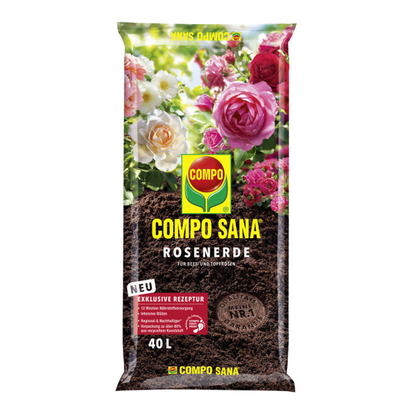 Produktbild von COMPO SANA Rosenerde 40 Liter Packung mit Blumenabbildungen und Informationen zu neuer exklusiver Rezeptur und 12 Wochen Nährstoffversorgung.