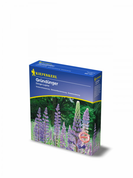 Produktbild von Kiepenkerl Dünge-Lupine 1 kg Verpackung mit Bildern von Lupinenblüten und Hinweisen zur Bodenverbesserung.