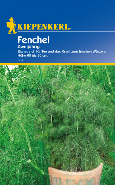 Produktbild von Kiepenkerl Fenchel zweijährig mit Abbildung der Pflanze und Informationen zur Eignung für Tee und Würzen sowie der Wuchshöhe.