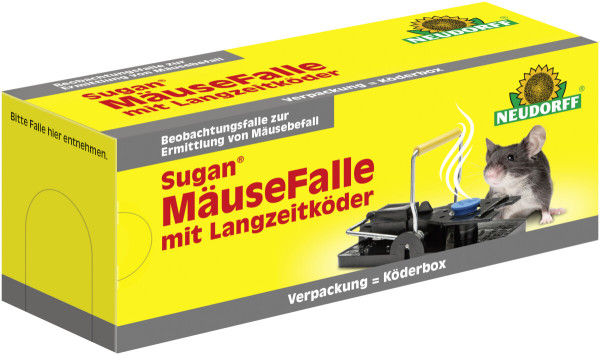 Produktbild einer Neudorff Sugan Mausfalle mit Langzeitkoeder auf gelb-schwarzem Hintergrund mit Abbildung der Falle und einer Maus neben dem Markenlogo.
