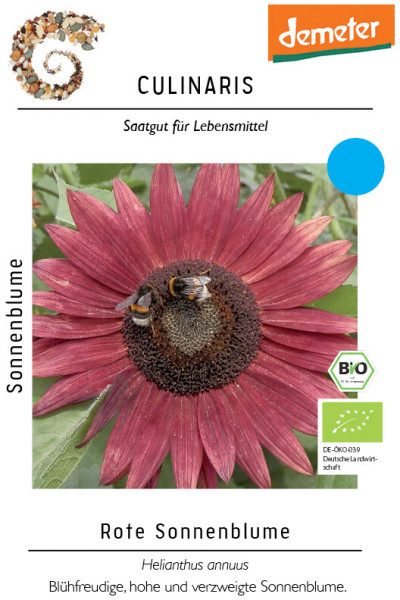 Produktbild von Culinaris BIO Rote Sonnenblume mit einer blühenden roten Sonnenblume und Bienen, Verpackungsdesign mit demeter-Logo und Informationen zum biologischen Saatgut.