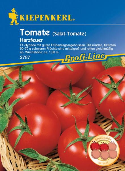 Produktbild von Kiepenkerl Salat-Tomate Harzfeuer F1 mit der Darstellung reifer, roter Tomaten und Informationen zu den Fruchteigenschaften und der Wuchshöhe auf Deutsch.