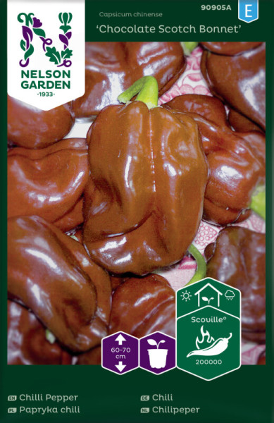 Produktbild von Nelson Garden Chili Chocolate Scotch Bonnet mit detaillierter Verpackungsgestaltung und Schärfegrad-Angabe in grünem Design.