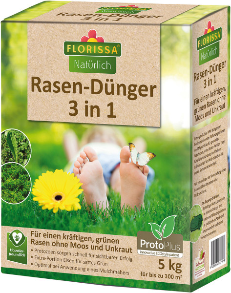 Produktbild von Florissa Rasendünger 3 in 1 Proto Plus 5kg mit grüner Wiese und Informationen über die Vorteile für einen kraftvollen Rasen ohne Moos und Unkraut.