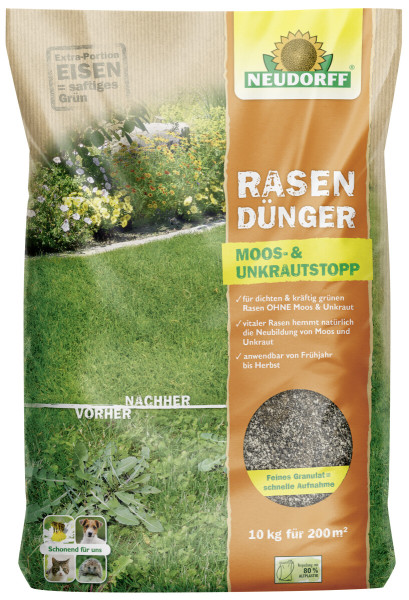 Produktbild von Neudorff RasenDünger Moos- & UnkrautStopp 10kg mit Darstellung der Produktpackung, Informationen zu Wirkung und Anwendung sowie Vergleichsbildern von Rasenflächen vor und nach der Behandlung.