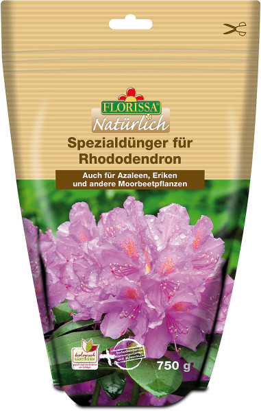 Produktbild von Florissa Rhododendron-Dünger 750g Verpackung mit Nahaufnahme von blühenden Rhododendronblüten und Produktinformationen in deutscher Sprache.