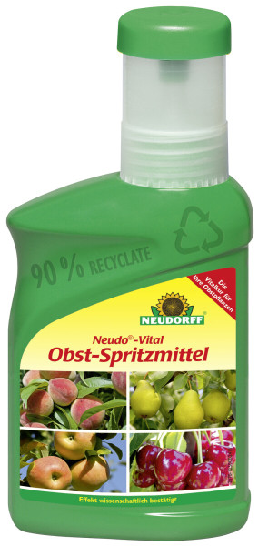 Produktbild von Neudorff Neudo-Vital Obst-Spritzmittel in einer 250 ml Flasche mit grünem Etikett, Angaben zum Anteil von Recyclat, Abbildungen von Obst und Hinweis auf wissenschaftlich bestätigten Effekt.