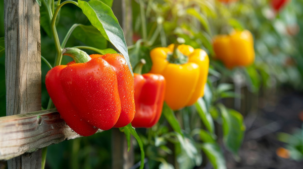 large-a-of-bright-red-and-yellow-bell-peppers-hanging-from-a-wooden-trellis-in-a-garden