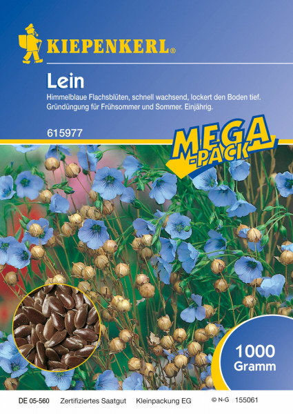 Produktbild von Kiepenkerl Lein 1 kg mit Darstellung der blauen Blüten und Samen sowie Produktinformationen zum schnellen Wachstum und Bodenlockerung in deutscher Sprache