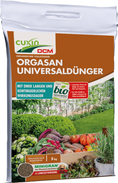 Produktbild von Cuxin DCM Orgasan Organischer Universalduenger Minigran 5kg Beutel mit Produktinformationen und Darstellung verschiedener Gemuesesorten und Gartenpflanzen.