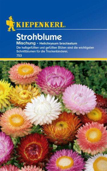 Produktbild von Kiepenkerl Strohblume Mischung mit verschiedenen farbigen Blüten und Produktinformationen auf Deutsch.