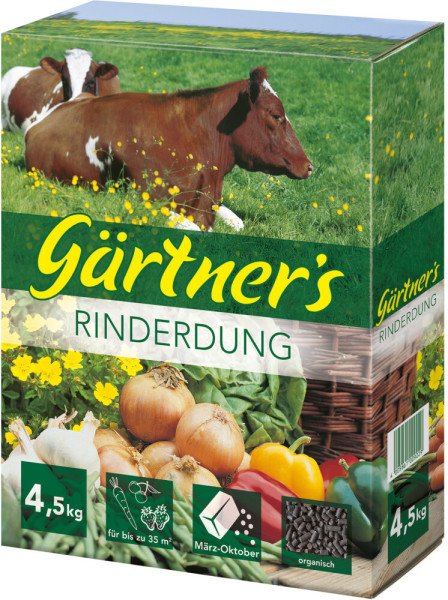 Produktbild von Gärtners Rinderdung gekörnt in einer 4, 5, kg Packung mit Abbildungen von Kühen auf einer Wiese und Gemüse, Hinweise zur Anwendung für bis zu 35 m² und Anwendungszeit von März bis Oktober.