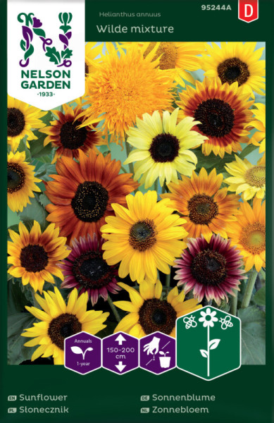 Produktbild von Nelson Garden Sonnenblume Wilde Mischung mit verschiedenen Sonnenblumenfarben und Beschreibungen der Pflanzeneigenschaften auf der Verpackung