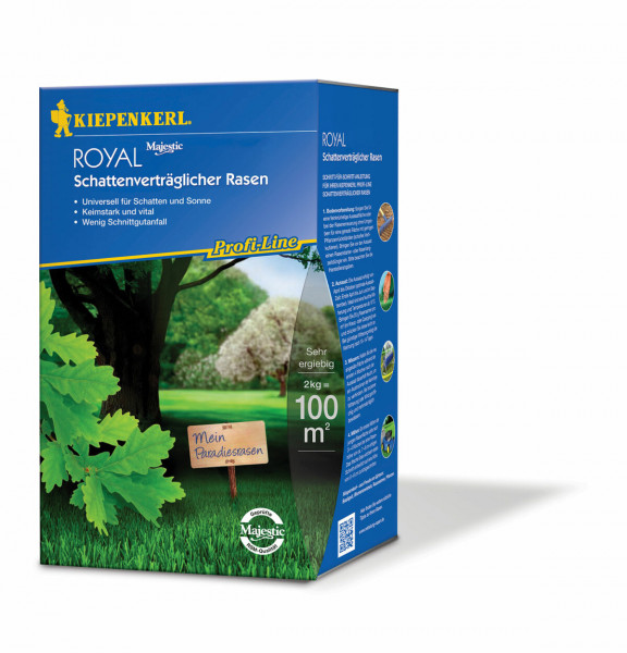 Produktbild von Kiepenkerl Profi-Line Royal schattenvertraeglicher Rasen 2 kg Verpackung mit Produktinformationen in deutscher Sprache und Rasenabbildung.