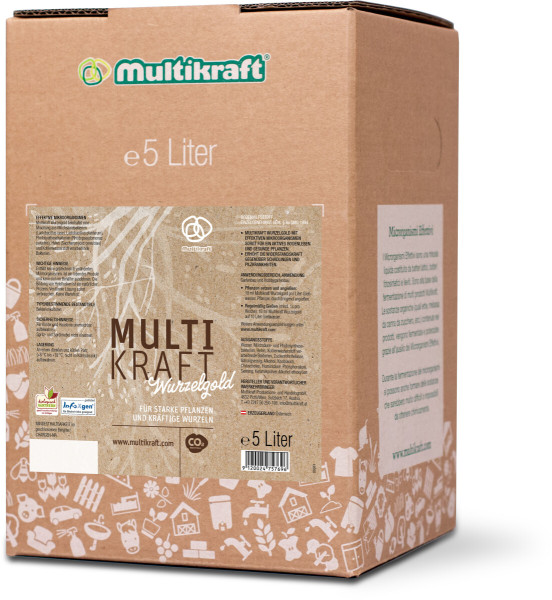 Produktbild des 5 Liter Multikraft Wurzelgold in brauner Kartonverpackung mit Produktbeschreibung und Markenlogo.