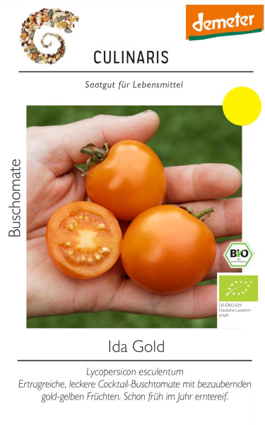 Produktbild der Culinaris BIO Buschtomate Ida Gold mit drei goldgelben Tomaten und einer aufgeschnittenen Tomate in einer Hand sowie demeter und Bio-Siegel.