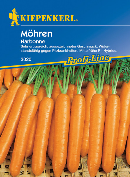 Produktbild von Kiepenkerl Möhren Narbonne F1 Saatgutverpackung mit Abbildung der Karotten und Produktinformationen