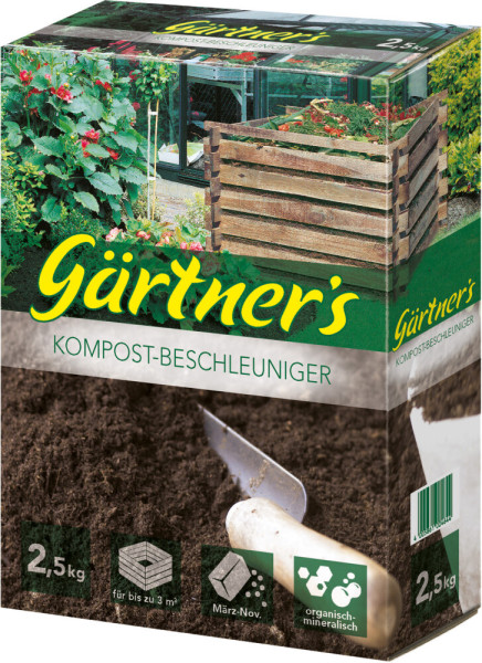 Produktbild von Gärtners Kompostbeschleuniger in einer 2, 5, kg Verpackung mit Gartenhintergrund und Anwendungsanleitung auf deutsch.
