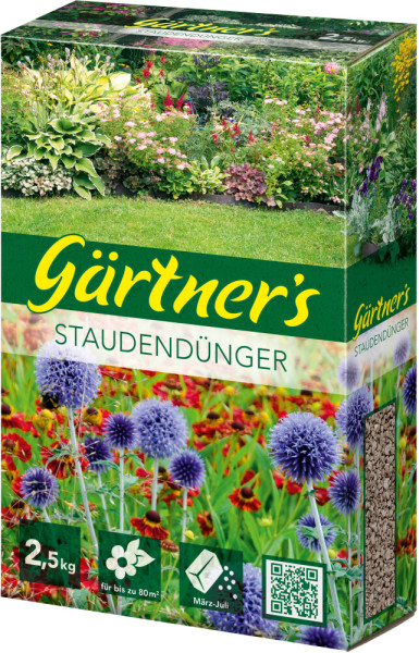 Produktbild von Gärtners Staudendünger 2, 5, kg in einer grün bedruckten Streukarton-Verpackung mit Bildern von blühenden Pflanzen und Angaben zur Anwendungsdauer sowie Flächenabdeckung.