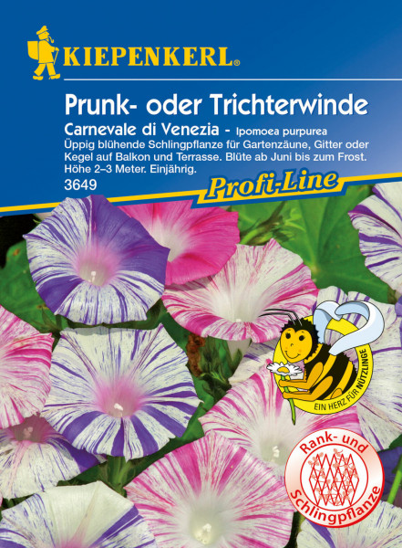 Produktbild von Kiepenkerl Prunk oder Trichterwinde Carnevale di Venezia mit blühenden Pflanzendetails und Produktinformation auf Deutsch.
