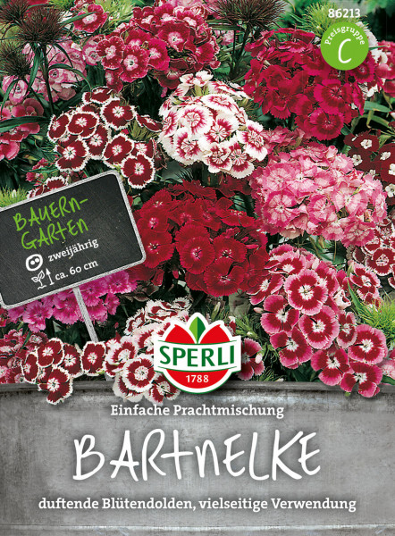 Produktbild von Sperli Bartnelke Einfache Prachtmischung mit blühenden Pflanzen und Verpackungsdetails wie Markenlogo Preisgruppe und Informationen zur Pflanzenart in deutscher Sprache.