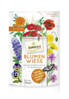Produktbild von ReNatura Blumenwiese 500g Verpackung mit Abbildungen verschiedener Blumen und Informationen zur farbenfrohen Blühmischung für alle Standorte.