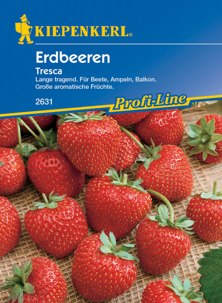 Produktbild von Kiepenkerl Erdbeere Tresca mit reifen Erdbeeren und Verpackungsdesign für Profi-Line Saatgut samt Produktinformationen